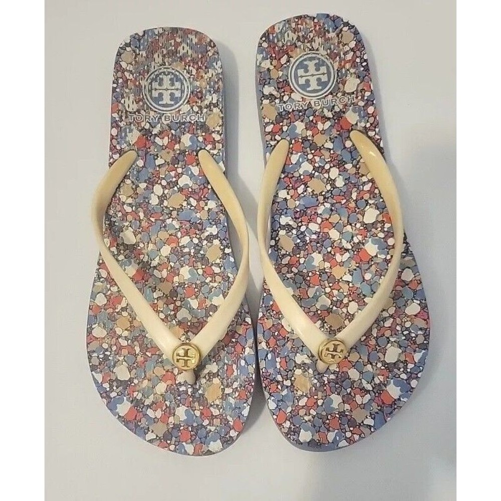 Tory Burch Festival Linosa Logo Thongs Sandals Leather Upper Blue Shoes-7.5 / 8